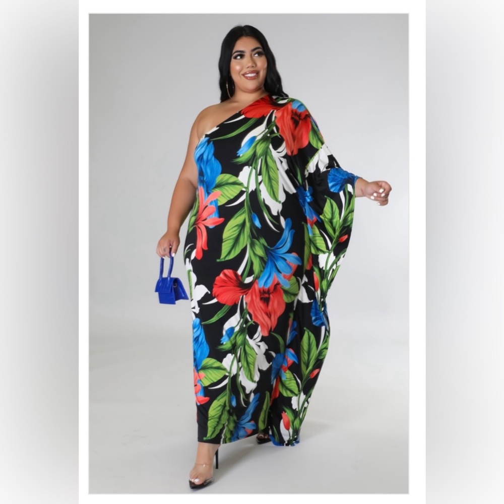 Plus size floral vacation One-Shoulder Maxi Dress Sizes 2X & 3X